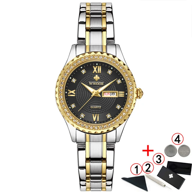 WWOOR новые золотые женские часы-браслет водостойкие женские часы из нержавеющей стали повседневные платья женские кварцевые часы женские - Цвет: silver black box