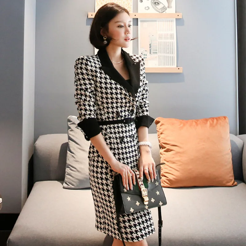 

Classic retro Notched Belted Houndstooth Blazer Dress Women 2019 Autumn Formal OL Temperament double breasted Pencil Dresses