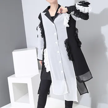 

Fashion Style Irregular Stitching Mixed Colors Chiffon Shirt Dress Patchwork Chic Design Long Sleeve Gorgeous Summer Dresses