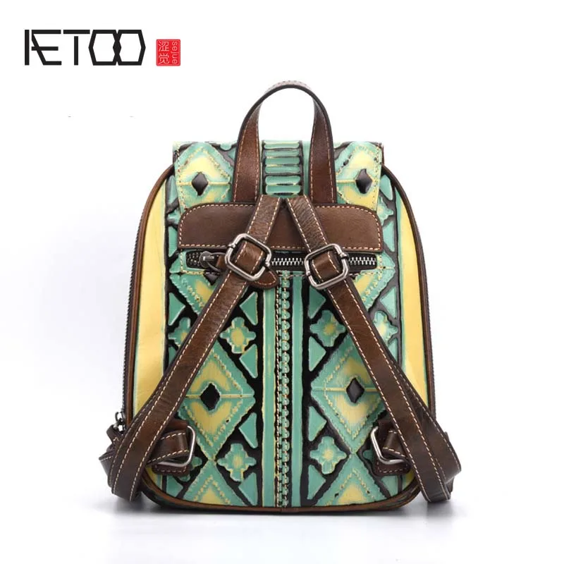 

BJYL New Female Fashion Design Embossed Flower School Bag Preppy Style Vintage Backpacks for Teenager Girls Genuine Leather bag