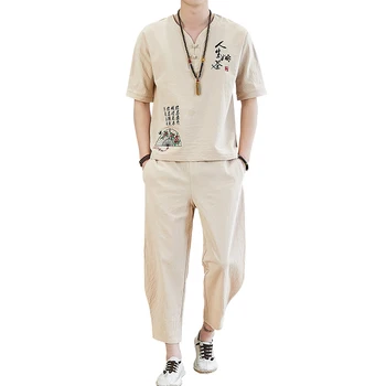 

5XL 2020 Mens Short Sets Summer Tracksuit Men Set Short Sleeved Cotton Linen Shirt Two Piece Korean Loose Fit Men Clothes XXXXXL