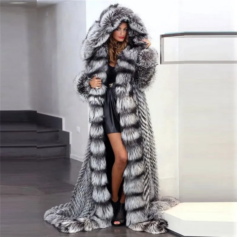 160 см X-Long женская шуба из натурального Лисьего меха с большим капюшоном, Толстая теплая куртка из натурального Лисьего меха, зимние модные роскошные меховые пальто