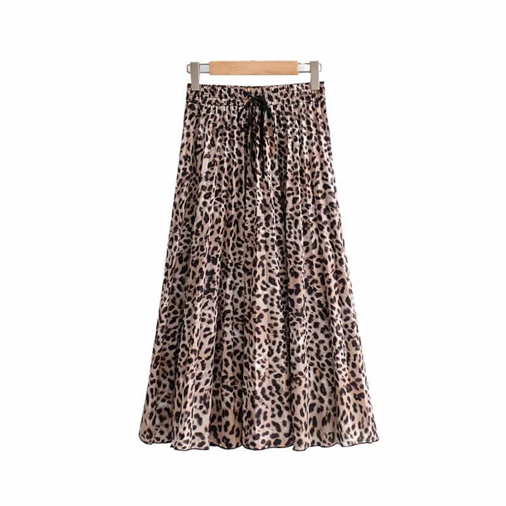 

Drawstring Elastic Waist Midi Skirts Casual Korean A Line Skirt Skirt Women Leopard Print Pleated Skirts Vintage