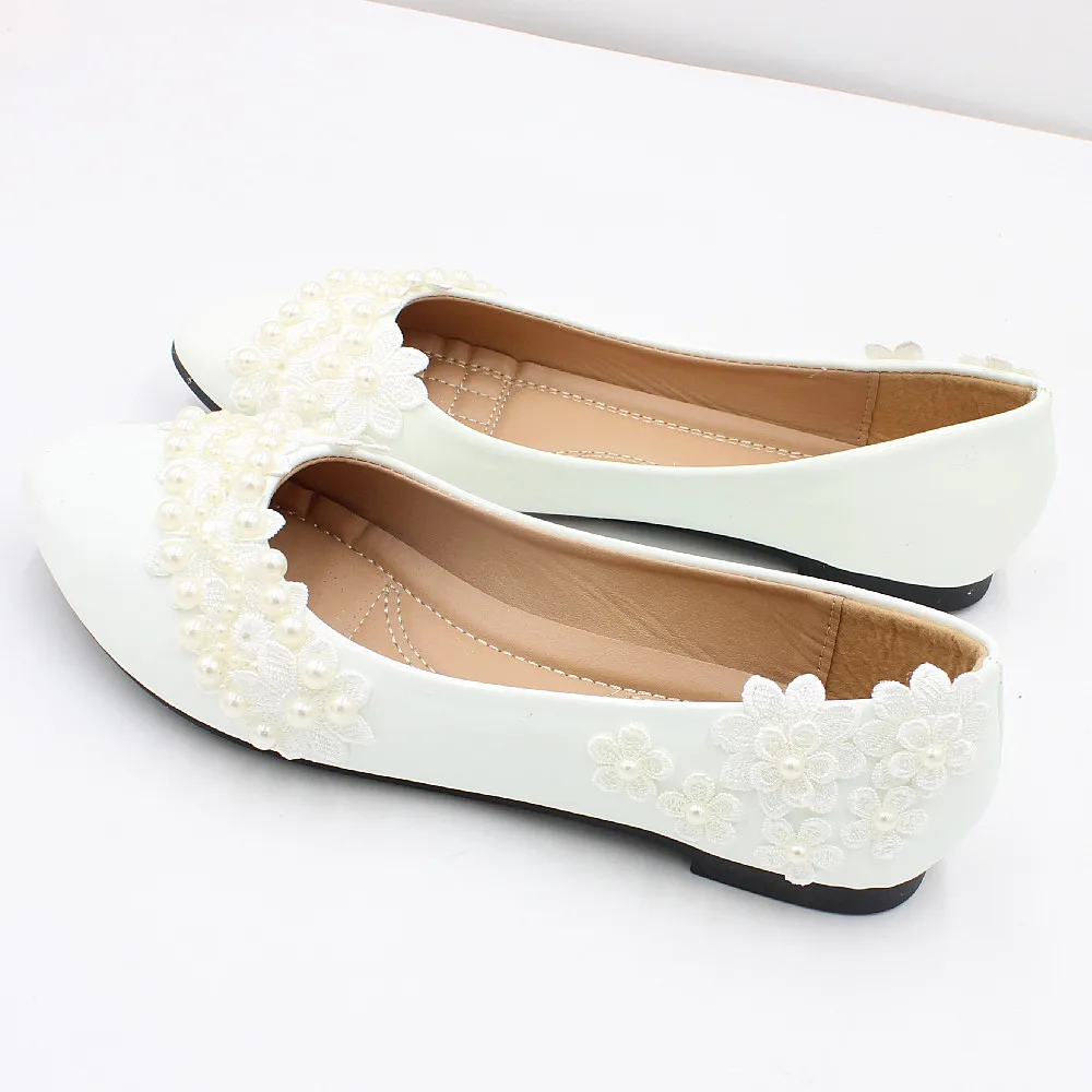 New white flat wedding shoes large size spring bridal shoes soft soles bridesmaid lace decoration made in ChinaBH2114