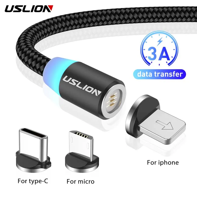 

USLION 3A Fast Charging Cable Magnetic USB Cable for iPhone 11 Micro USB Cable Fast Charging Type C Magnet Data Cable for Xiaomi