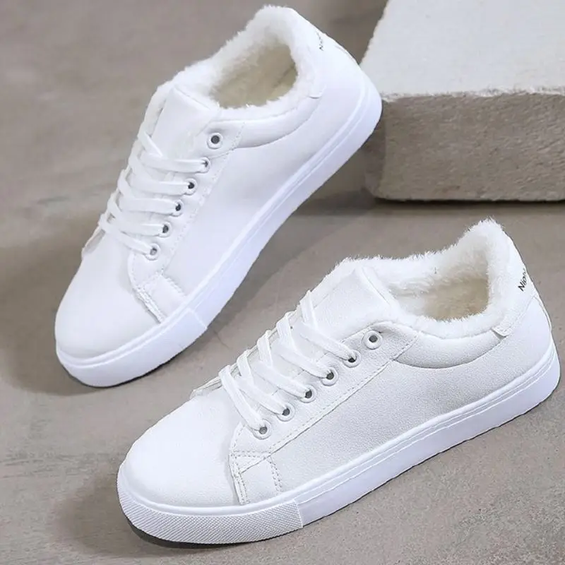 TAOFFEN Hot Sale Women White Shoes Vulcanized Sneakers Warm Casual Women Shoes Winter Fur Fashion Shoes Lady Footwear Size 35-39