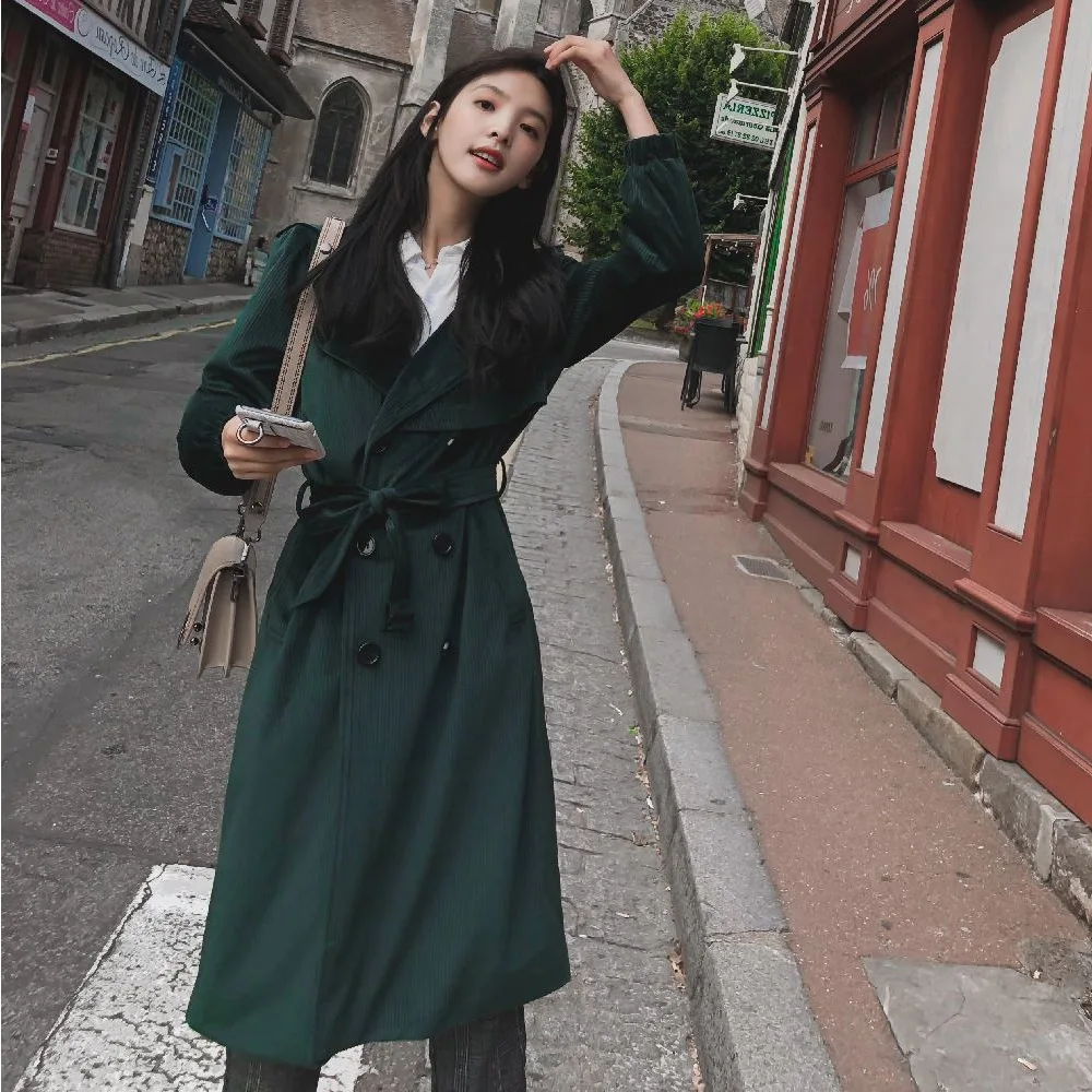 

Photo Shoot South Korea Ulzzang Suit Collar Waist Hugging Lace-up Trench Coat Women's Retro Stripes Velvet Drape over-the-Knee C