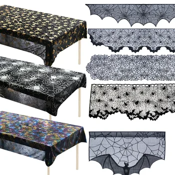 

1pc Halloween Decoration black lace knitted Spider Web Table Runner Tablecloth Fireplace Mantle Home Halloween Party Supplies