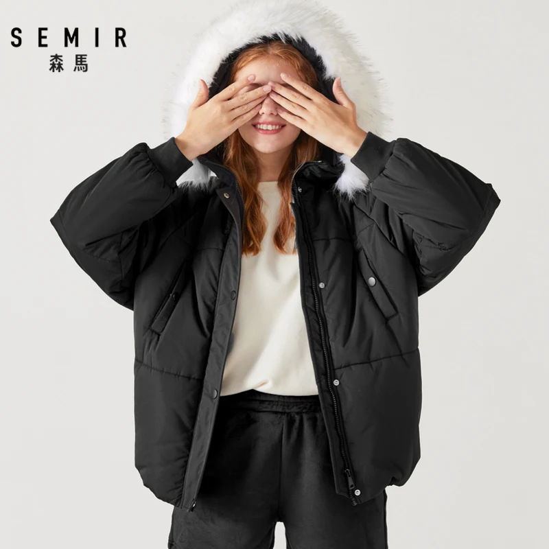 SEMIR зимняя женская куртка свободный хлопковый костюм длинный с капюшоном меховой воротник хлеб ins средней длины пальто