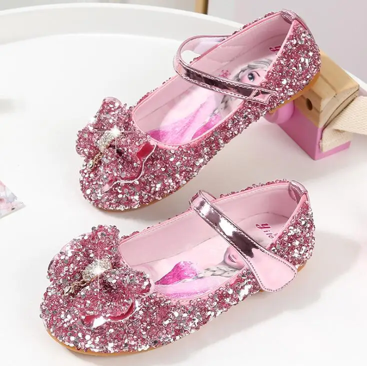 Брендовая модная детская обувь принцессы с блестками для девочек; милая обувь Эльзы; Удобная Нескользящая детская кожаная обувь на плоской подошве для вечеринок