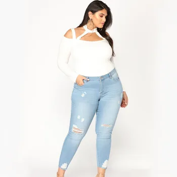

Plus Size Women's New European and American Jeans Donna Stretch Denim Hole Cropped Pants Ladies Feet Pants Oversized Jeans
