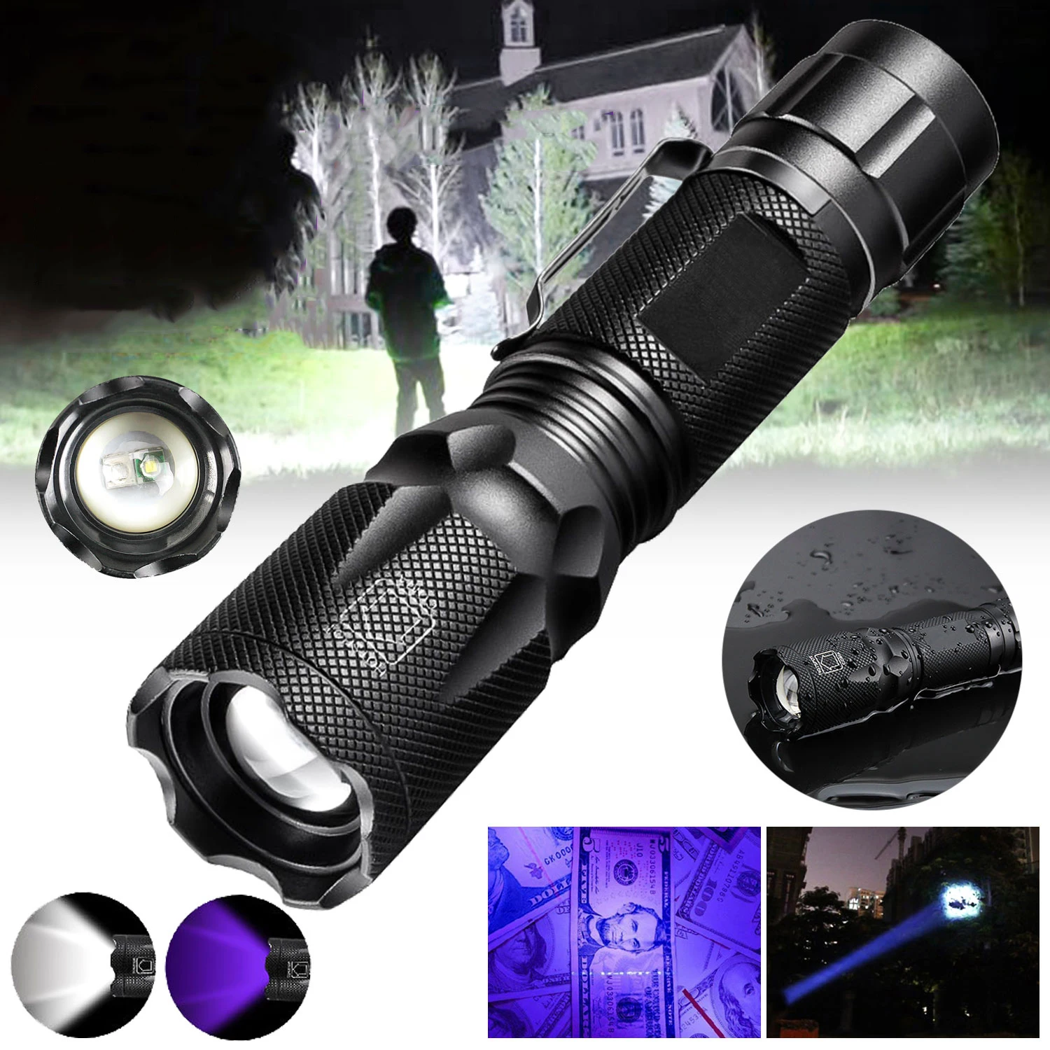 Long Lasting Rechargeable Led Flashlight Self-defense Powerful Flashlight 18650 PurpleTorch Strong Lanterna 2 in 1 Flashlights
