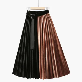 

Fashion Skirt Autumn Gold Velvet Skirts Womens Color Matching High Waist Skirts Long Pleated Skirt Faldas Mujer Moda