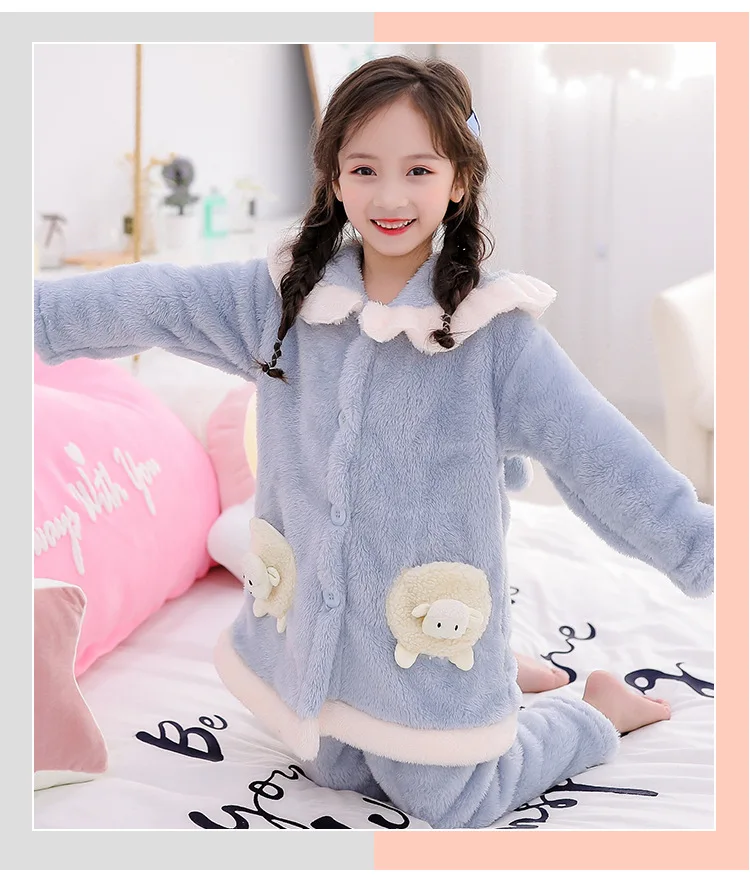 Теплые зимние пижамные комплекты для больших детей длинные штаны с капюшоном и длинными рукавами для девочек с изображением овечки детская одежда для сна комплект одежды для От 3 до 13 лет