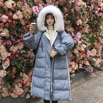 

2020 Winter Long Cotton Women's Blue Parka Coat Thick Warm Fashion Jacket Loose Casual High Quality Big Fur Collar Puffer Jacket