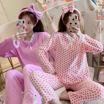 

2020 Winter Thick Warm Long Sleeve Flannel Pajama Sets Women Coral Velvet Sleepwear Cute Lace Homewear Pijama Mujer Home Clothes