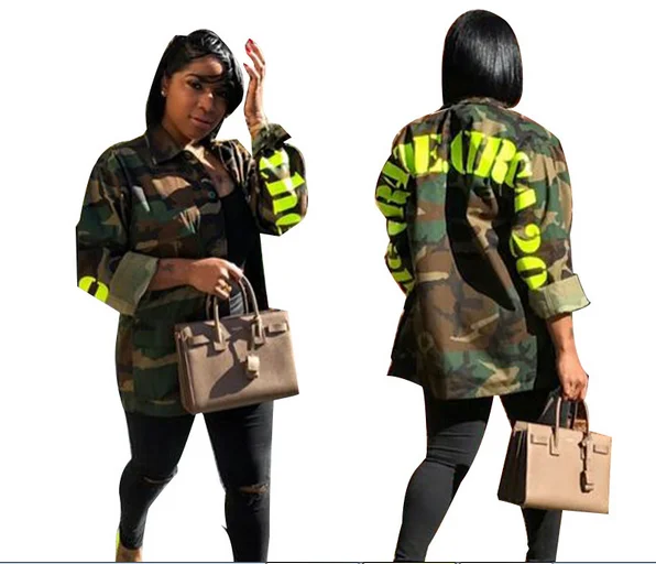 Women's Green Camouflage Long Jackets Plus Size Long Sleeve Camo Streetwear Coat femme