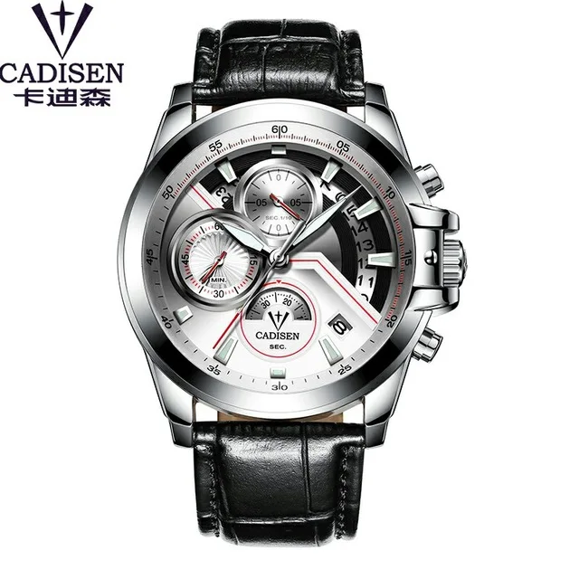 white leather CADISEN C9016 часы Мужские лучший бренд класса люкс военные армейские Спортивные Повседневные водонепроницаемые мужские наручные часы кварцевые наручные часы из нержавеющей стали - Цвет: white leather