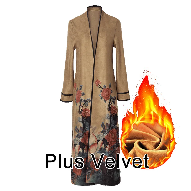 Yellow Plus Velvet Размера плюс S-4XL замшевые элегантные свободные в китайском национальном стиле Цветочный принт длинное зимнее пальто Для женщин ветровка плюс бархат пальто-тренчи - Цвет: Yellow Plus Velvet