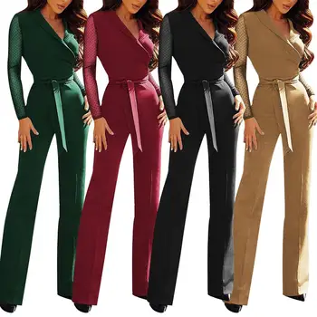

Lady office V Neck Autumn Polka Dot Sleeve Stitching Tight Waist Long Pants Elegant Jumpsuit