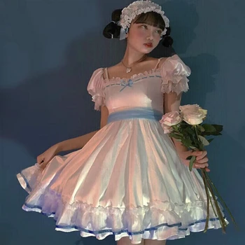 

Gothic Vintage Sweet Lolita Dress Square Collar Puff Sleeve Lace Bowknot Female Kawaii Dress Girl Loli Cos Gothic Lolita Op