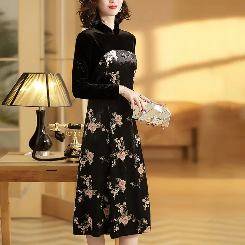 Женское осеннее платье Cheongsam с цветочным принтом элегантное длинным рукавом и