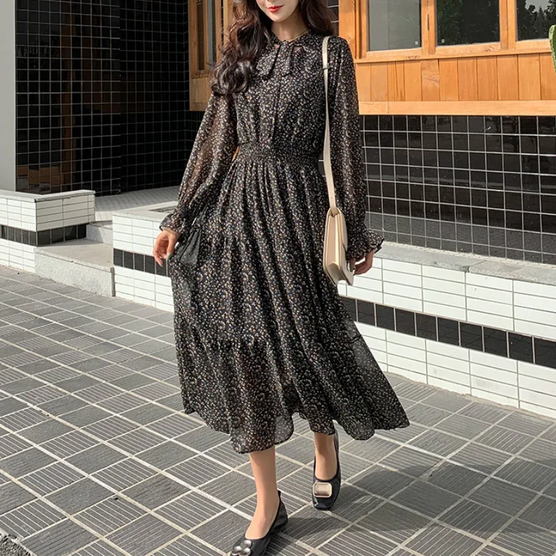 Women Chiffon Dress 2021 Spring Summer Fashion Female Long Sleeve Print Floral Vintage Casual Elastic Waist A-line Vestido | Женская