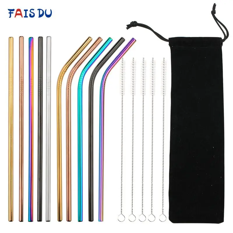 

Mixed Color Stainless Steel Straws Reusable Straight Bent Metal Drinking Straw With Cleaning Brush Bar Party Accessory