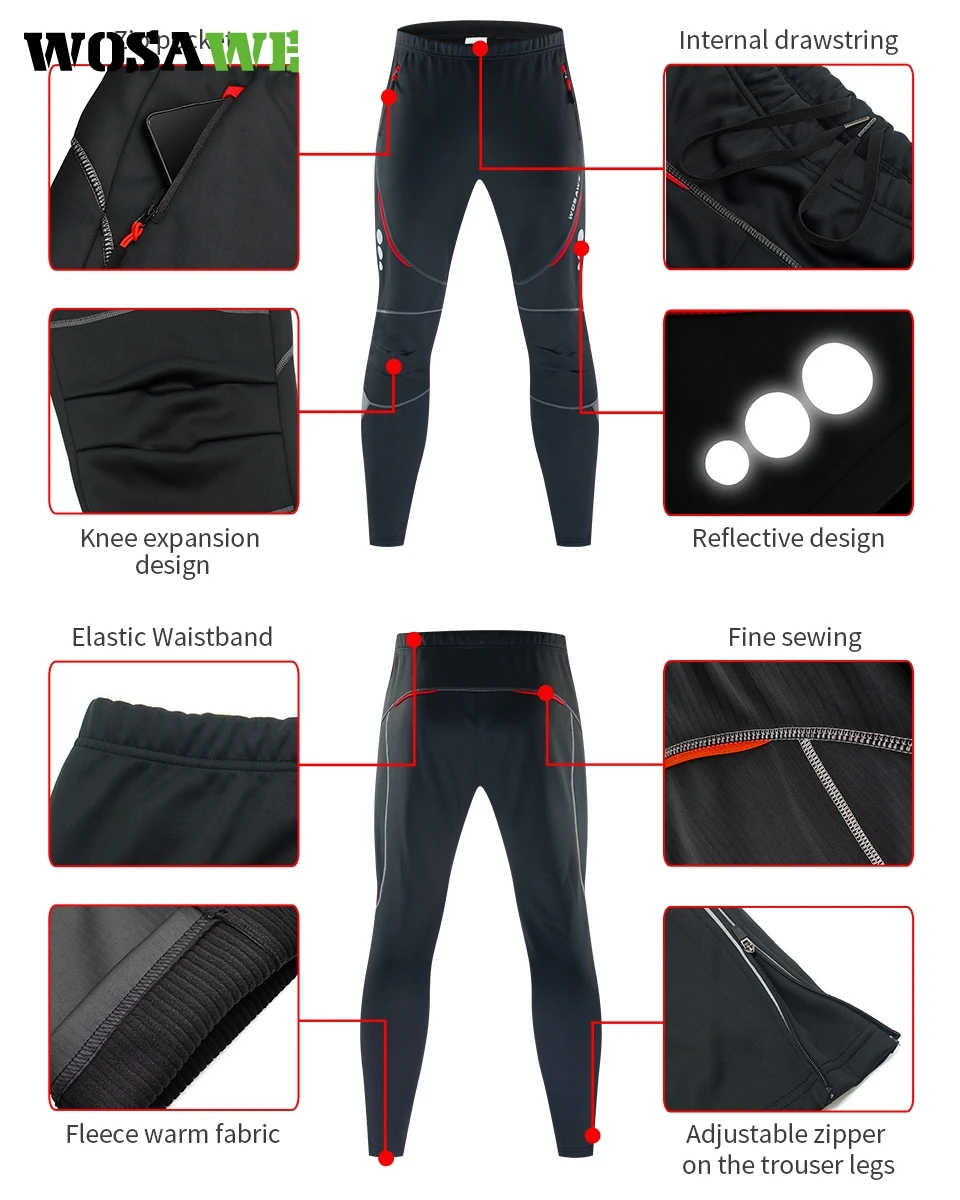 Мужские велосипедные брюки WOSAWE эластичные зимние теплые флисовые ветрозащитные