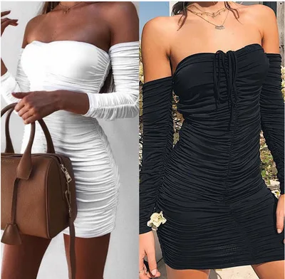 

Women's Long Sleeve Off-Shoulder Dress Solid Color Bra Drape Ruffles Mid-length Strapless