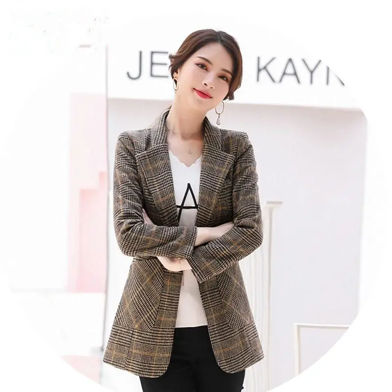 Vangull Women Autumn Plaid Blazer Spring Long Sleeve Slim Checked Coat Formal Jacket Office Suit Lady Outerwear Plus size XXXXL