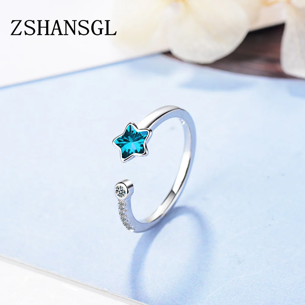 

Simple 925 Sterling Silver Geometry Blue Five-pointed star Rings For Women Girls Gift Opening Ring Sterling-silver-jewelry