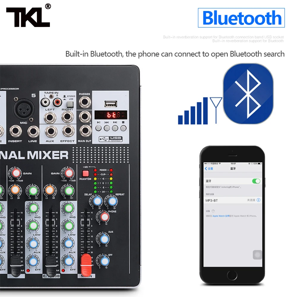 US $219.57 TKL 7 Channel Audio Mixer Wierless Micophone Sound Mixing 600W2 Power Amplifier Bluetooth Mp3 For Family Party Kalaok DJ Mixer