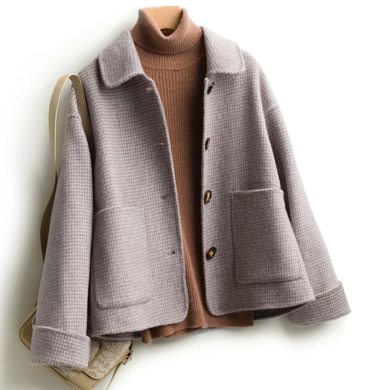 New Double-faced Wool Blends Coat Women Autumn and Winter Wool Fashion Turn-down collar Short Slim Wool Outerwear FCW033 - Цвет: Серый