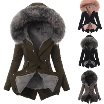 

Winter Warm Women Faux Fur Hooded Cotton Down Jacket Casual Outwear Long Overcoat