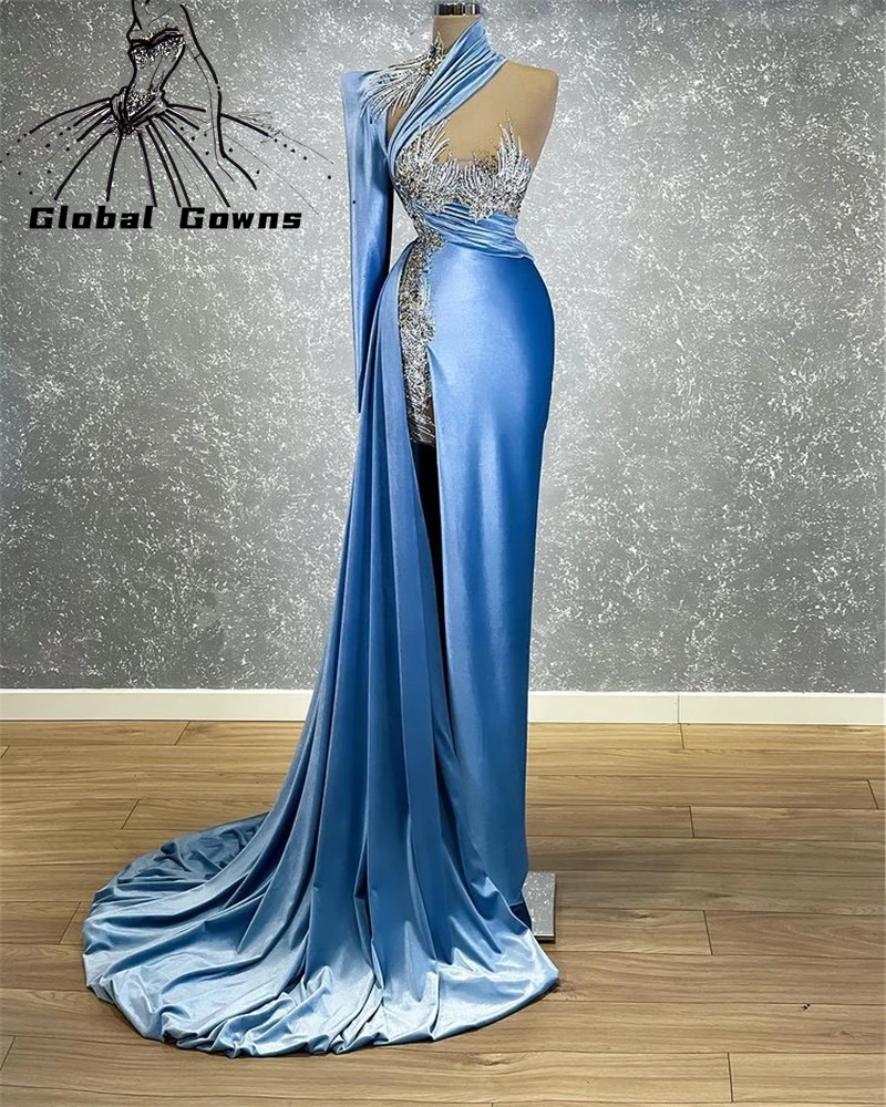 long evening gowns African One Shoulder Mermaid Evening Dress Beaded Appliques Dresses Birthday Party Gown High Slit Vestidos De Fiesta Noche evening dresses with sleeves Evening Dresses