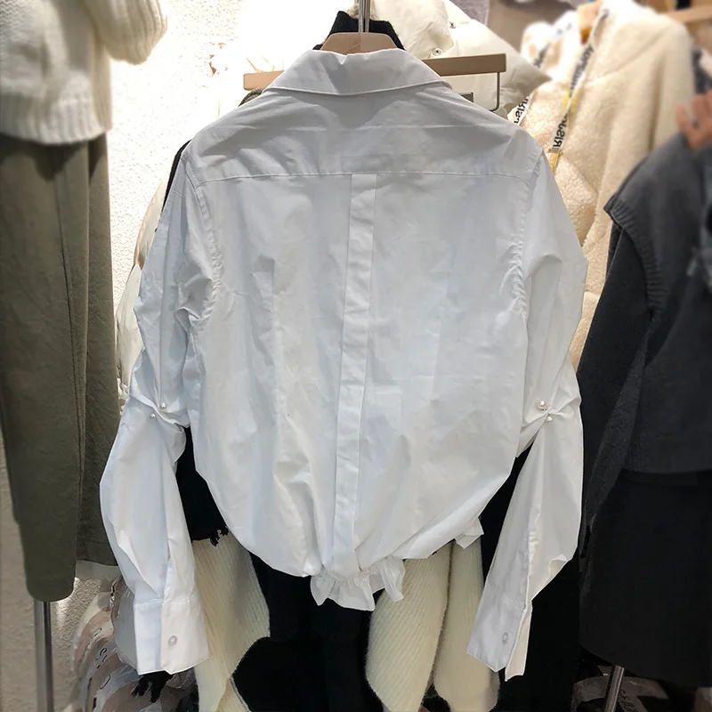 

2020 Spring Autumn Women Personality Long-Sleeve Shirt INS Net Fashion White Bow Pearl Bead Shirt Blouse Blusas Femme