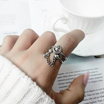 

Silvology Real 925 Sterling Silver Smile Chain Rings Retro Double Layer Bead Creative Cute Rings for Women 925 Workplace Jewelry
