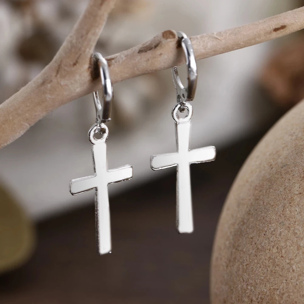 Fashion Men's Stainless Steel Cross Pendant Cartilage Drop Dangle Earrings Punk Jewelry for Cool Women Girl Friendship Gifts