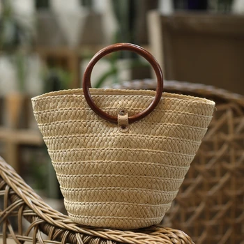 

casual wooden handle rattan women handbags wicker woven totes summer beach straw bags lady travel bali small purses buckets sac