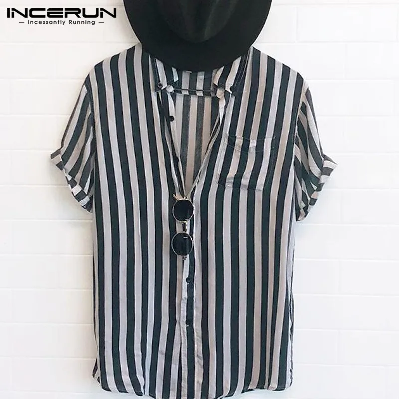 INCERUN Fashion Striped Men Shirt Lapel Neck Button Streetwear Casual Brand Shirts Men Hip-hop Short Sleeve Tops Camisa 2020 5XL INCERUN Fashion Striped Men Shirt Lapel Neck Button Streetwear Casual Brand Shirts Men Hip-hop Short Sleeve Tops Camisa 2020 5XL