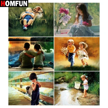 

HOMFUN Diamond Painting Full Square/Round Diamond "Boy girl landscape" Pattern Embroidery Cross Stitch 5D Rhinestone Painting