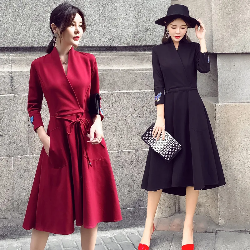 Dress Winter Korean-style New Style Fashion Long Sleeve WOMEN'S Dress V-neck Slim Fit Big Skirt