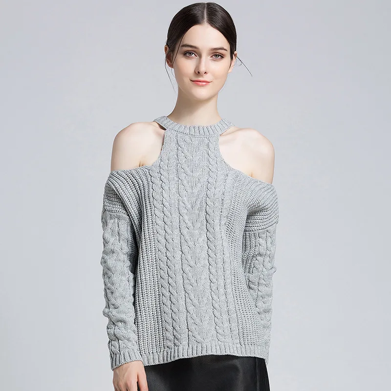 

Litthing Sexy Hollow Out O-neck Knitted off shoulder Sweater Women Basic Tops Loose Ladies Sweaters and Pullovers Pull Femme