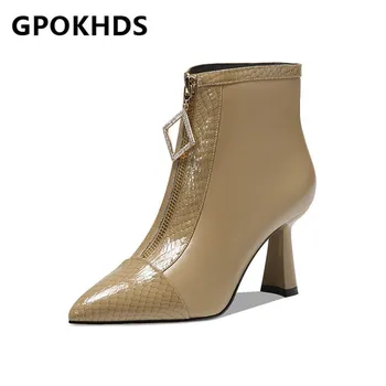 

GPOKHDS 2021 women Ankle boots Cow leather Winter short plush Pointed Toe Zipper Metal Decoration High heels female boot size 39