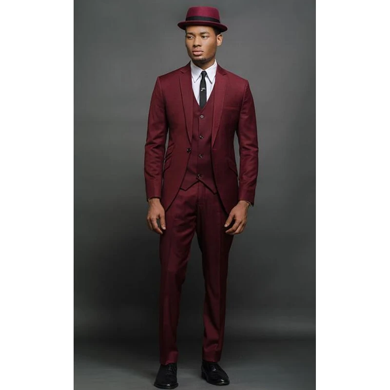 

Custom Burgundy Men Suits Slim Fit Skinny Fashion Groom Tuxedos Men Blazer Prom/Party Suits 3 Pieces (Jacket+Vest+Pants) FA762