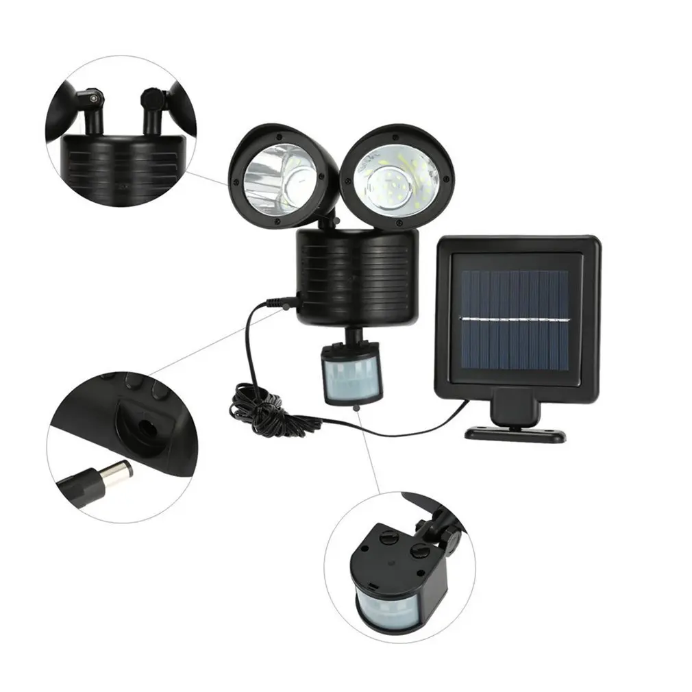 ICOCO 22LED двухголовная лампа, солнечная энергия, датчик движения, настенный светильник для сада, двора, Лампа безопасности, наружная Водонепроницаемая Ландшафтная лампа