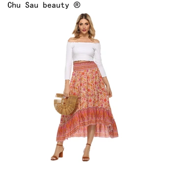 

Chu Sau beauty New Boho Fashion Print Midi Skirts Women Holiday Chic Summer Elastic Waist Long Skirt Falda De Moda Para Mujer