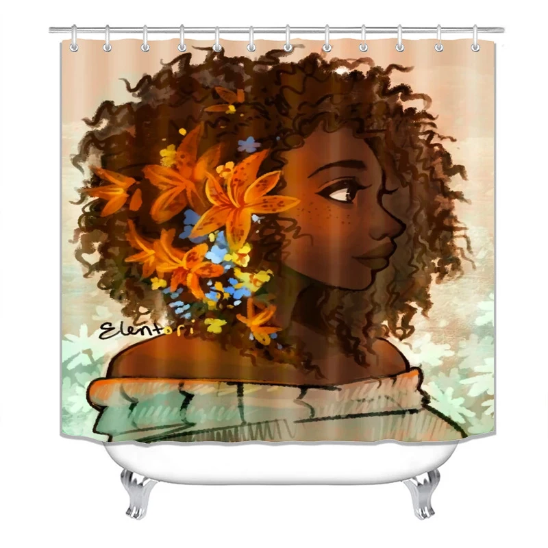 Cute African Girl Shower Curtain Set Waterproof Bathroom Curtains with Anti-slip Bath Mat Toilet Lid Cover Doormat Kitchen Rugs