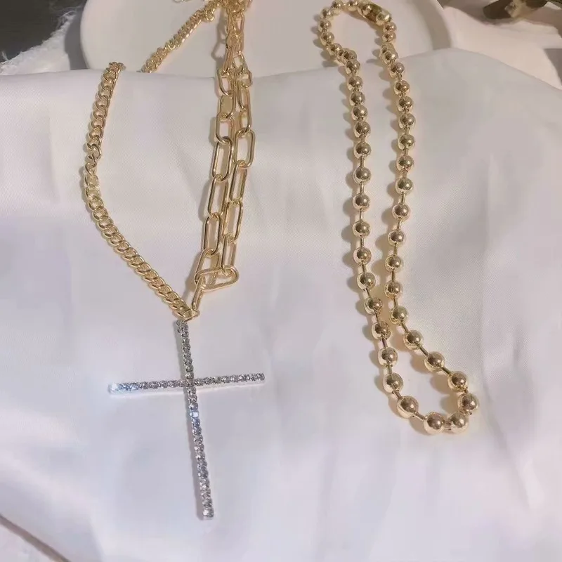 Korean luxury zircon cross pendant necklaces for women hip hop cool gold color beads chain geometric necklace jewelry